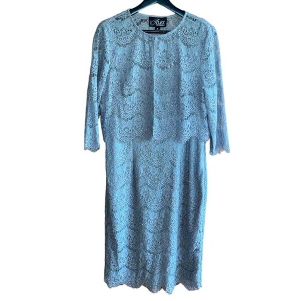 Alex Evenings Pale Blue Lace Midi Dress with Jacket